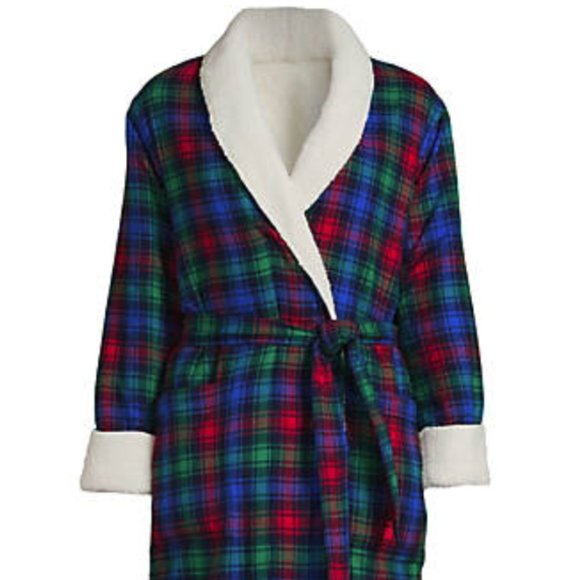 Lands' End Sherpa Flannel Robe Large Red Blue Plaid NWT Holiday Cozy - Picture 2 of 7